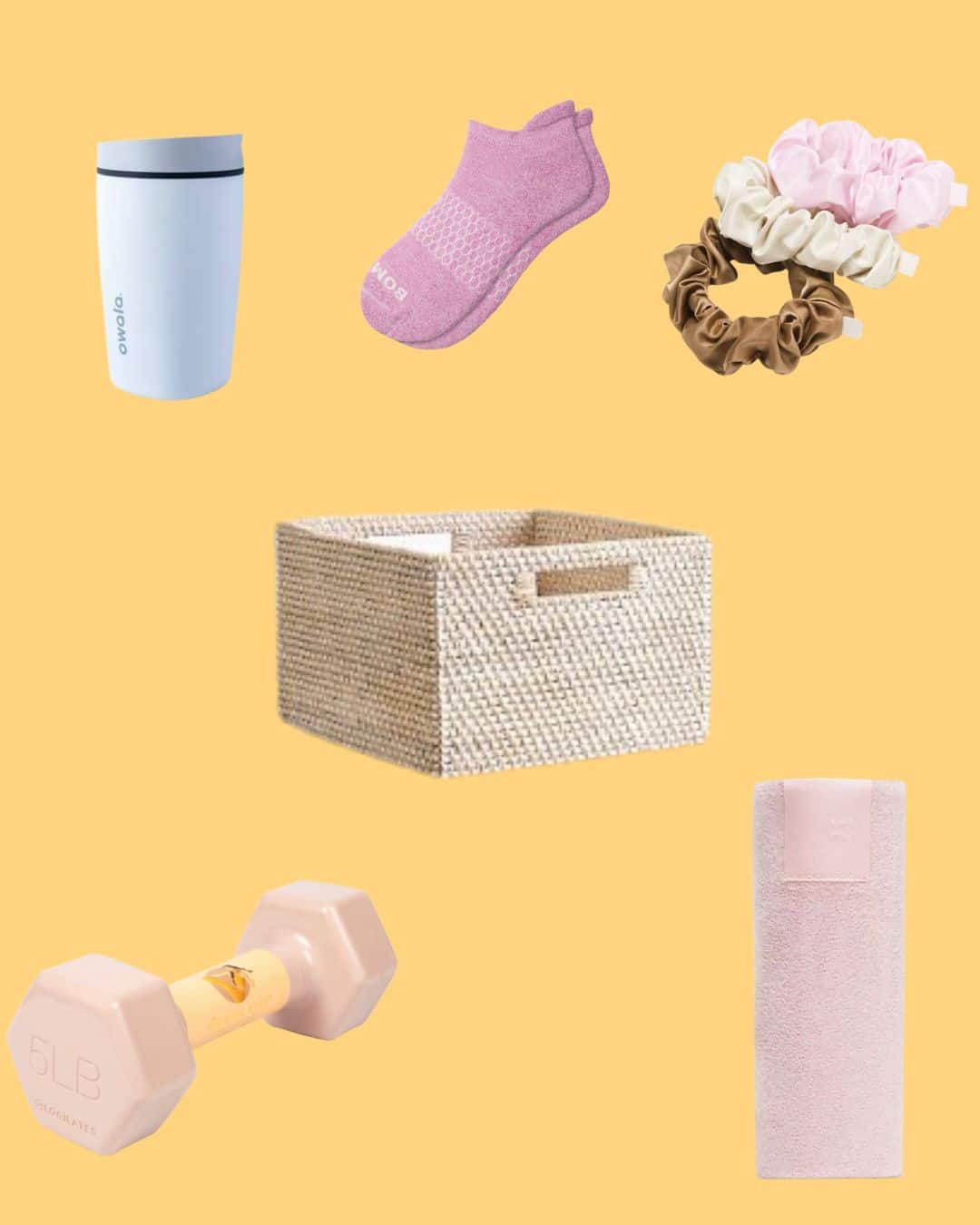 A collage of workout essentials on a yellow background: a white tumbler, pink socks, pastel and brown scrunchies, a woven storage basket, a pink dumbbell, and a folded pink workout towel.
