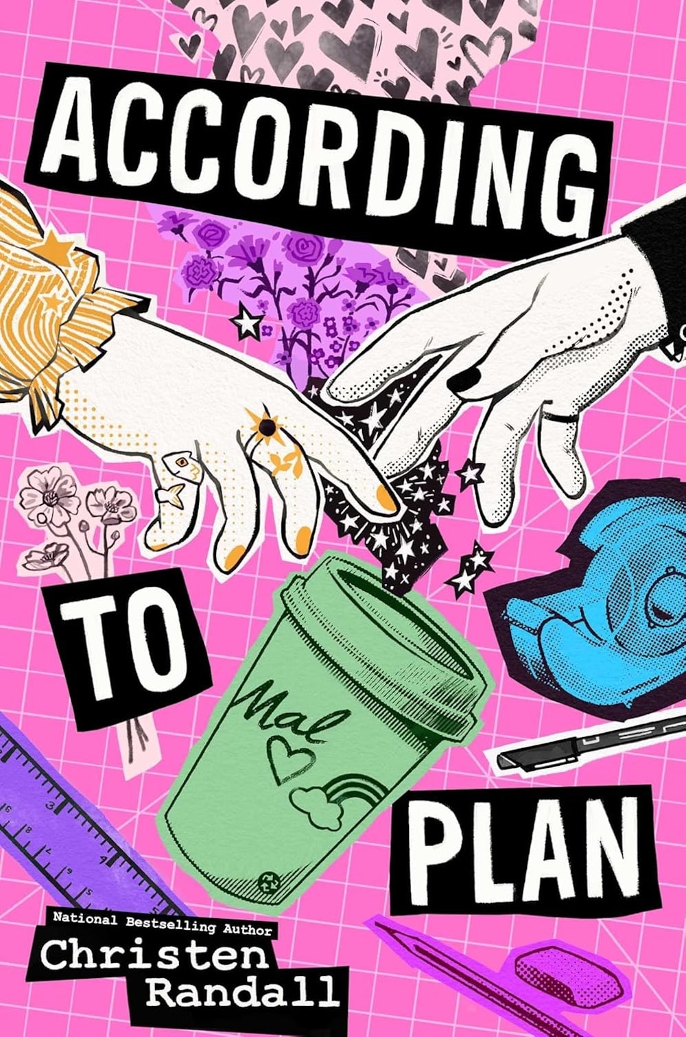 Illustrated book cover with two hands reaching toward each other, surrounded by flowers, stars, and a green coffee cup labeled Mel <3. Perfectly booked for V-Day! Pink background with grid, blue ruler. Text reads: According to Plan by Christen Randall.