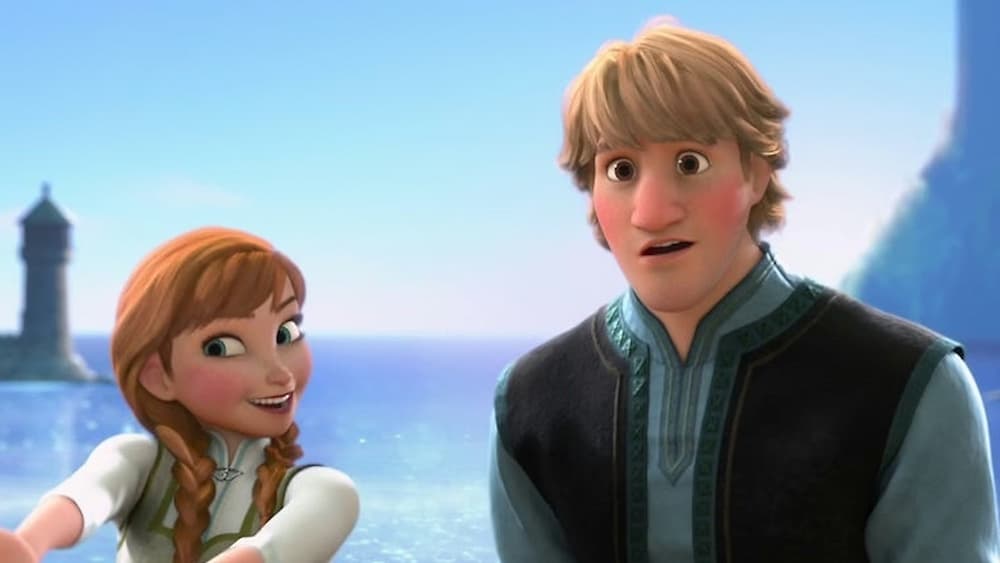 Two animated characters, a smiling young woman with braided red hair and a cheerful man with blonde hair, stand together near a blue sea, sharing love advice by the tower and cliffs in the background on a sunny day.