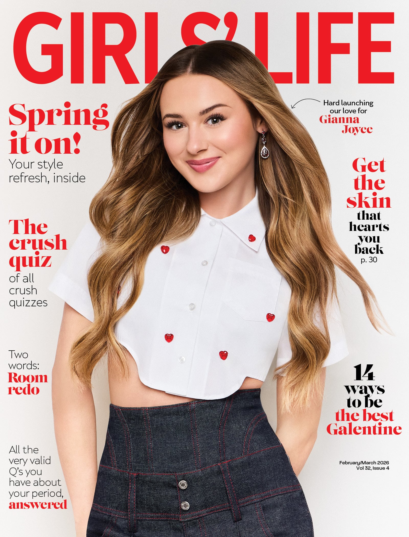 A smiling young woman with long, wavy hair wears a cropped white shirt with red heart buttons and a plaid skirt on the cover of Girls’ Life magazine, surrounded by headlines in red and black text.