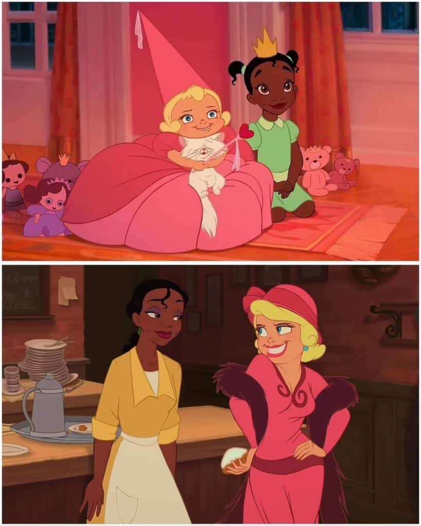 Top: Two young girls, one dressed as a princess with a tall pink hat and holding a cat, the other in green, sit on the floor surrounded by stuffed animals. Bottom: As adults, the two women smile at each other in a kitchen.