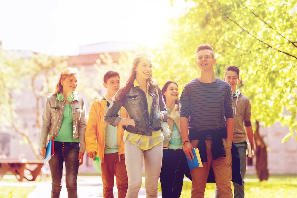 A group of six smiling teenagers walk outdoors in a sunlit park, carrying notebooks and backpacks, surrounded by green trees and bright sunlight.