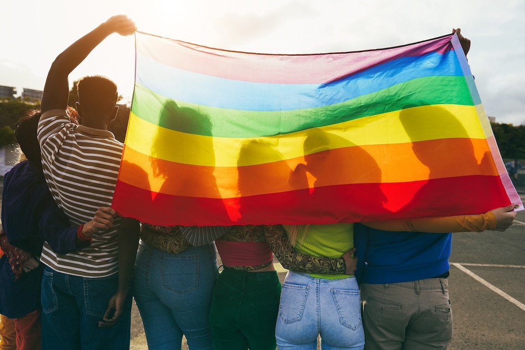 A group of people stand close together outdoors, holding a large rainbow pride flag that is backlit by sunlight, symbolizing the courage to come out, with their backs to the camera.