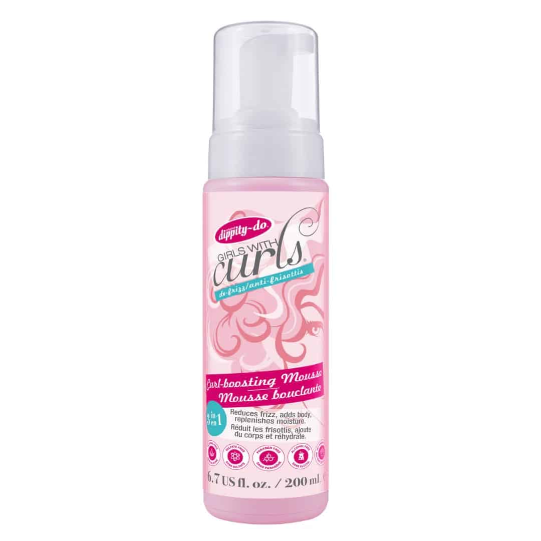 A pink and white bottle of dippity-do Girls with Curls Curl Boosting Mousse, 200 ml, featuring full-glam decorative swirls and product claims for frizz reduction, definition, and moisture on the front label.