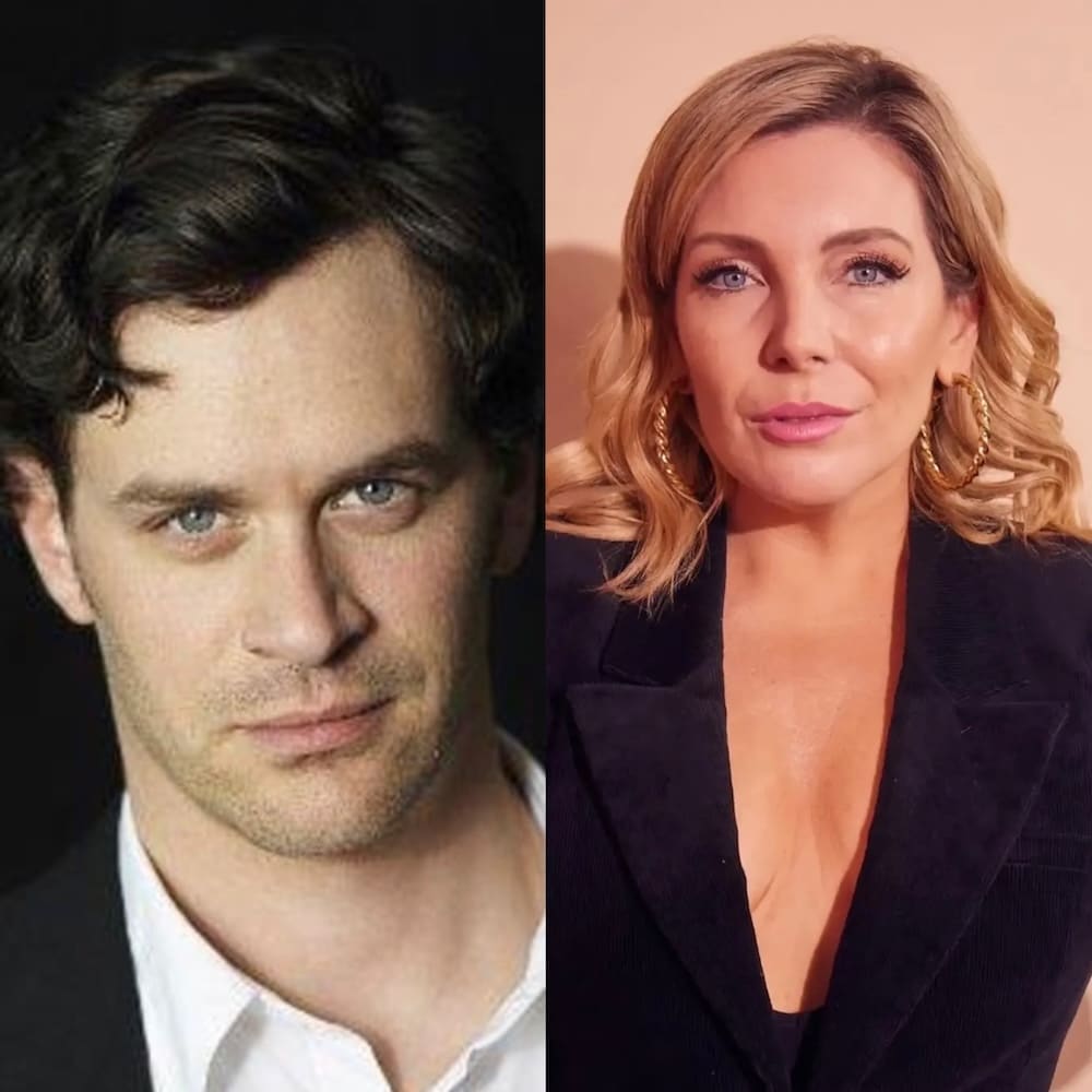 A split image shows a man with dark hair and a slight smile on the left, and a woman resembling Elle from the Legally Blonde series on the right, both facing forward—he in a white shirt and dark jacket, she in hoop earrings and a black blazer.