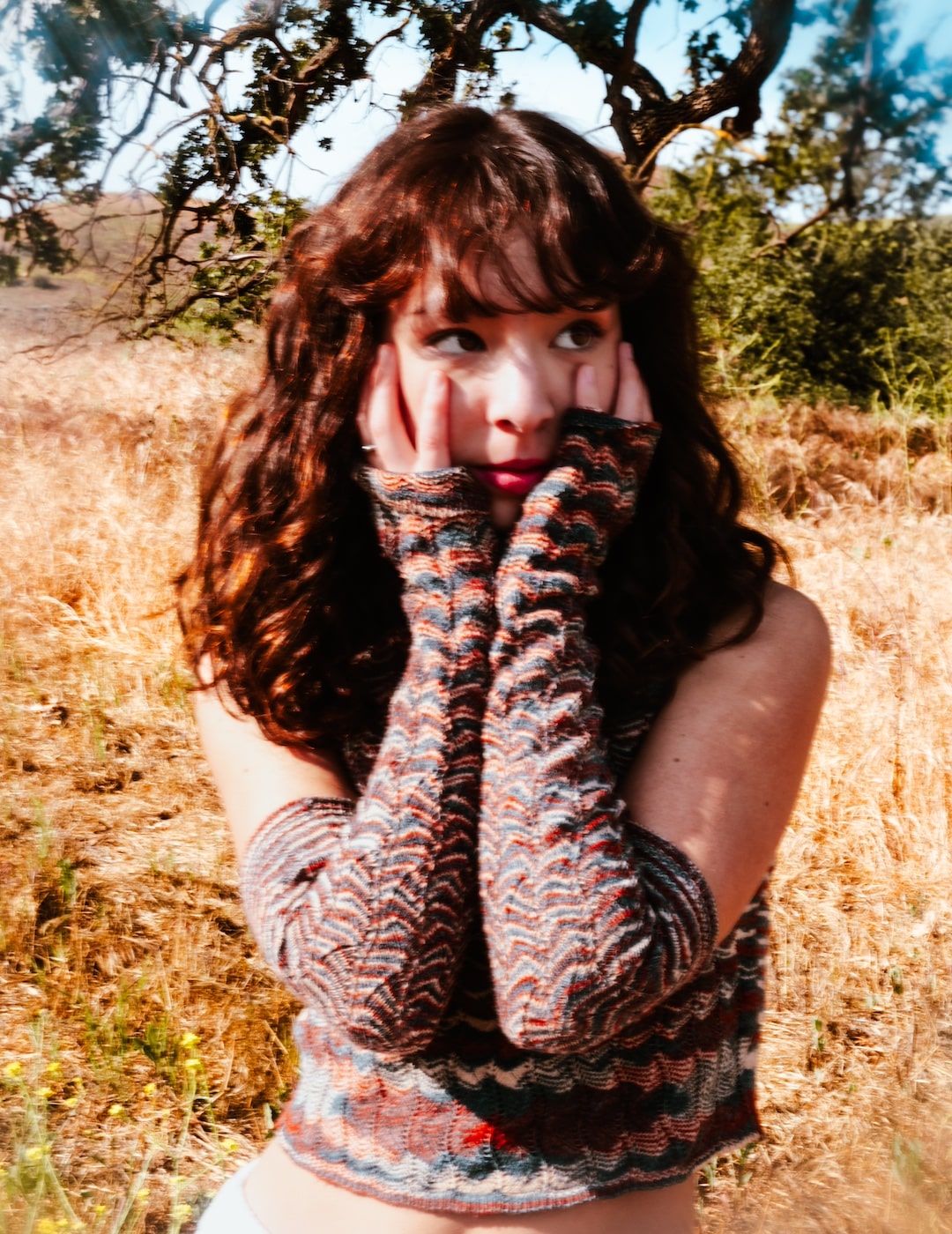 A young woman with wavy brown hair stands in a sunlit field, resting her face in her hands. She wears a patterned, sleeveless top with matching arm warmers—perhaps Frances Anderson herself, adored by her fan club. Trees and dry grass fill the background.