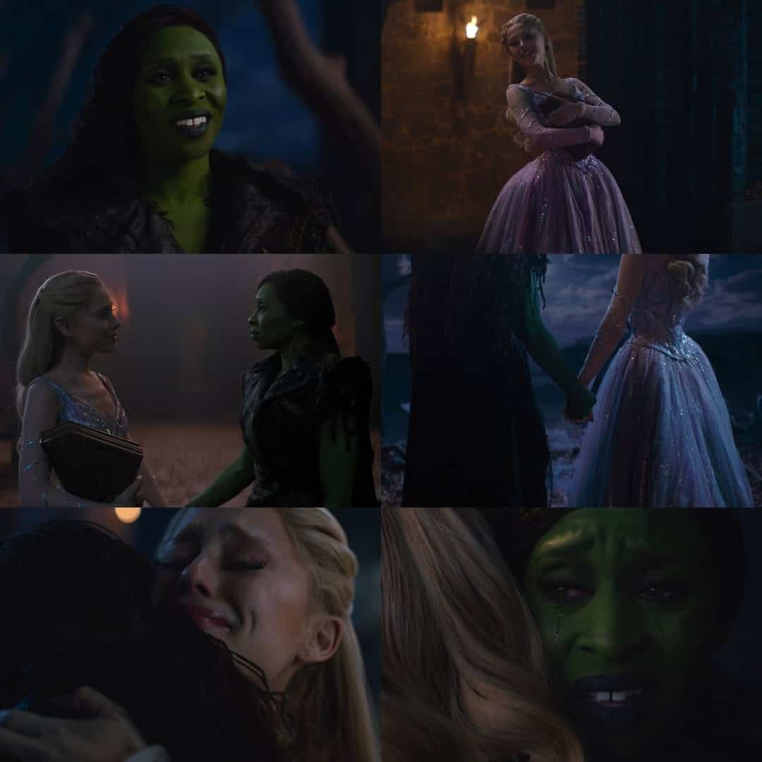 A collage of scenes from Wicked Part 2 features a green-skinned woman and a blonde woman in a pink dress. They share emotional moments—talking, holding hands, and embracing, echoing the spirit of “For Good” soon to be seen in theaters.