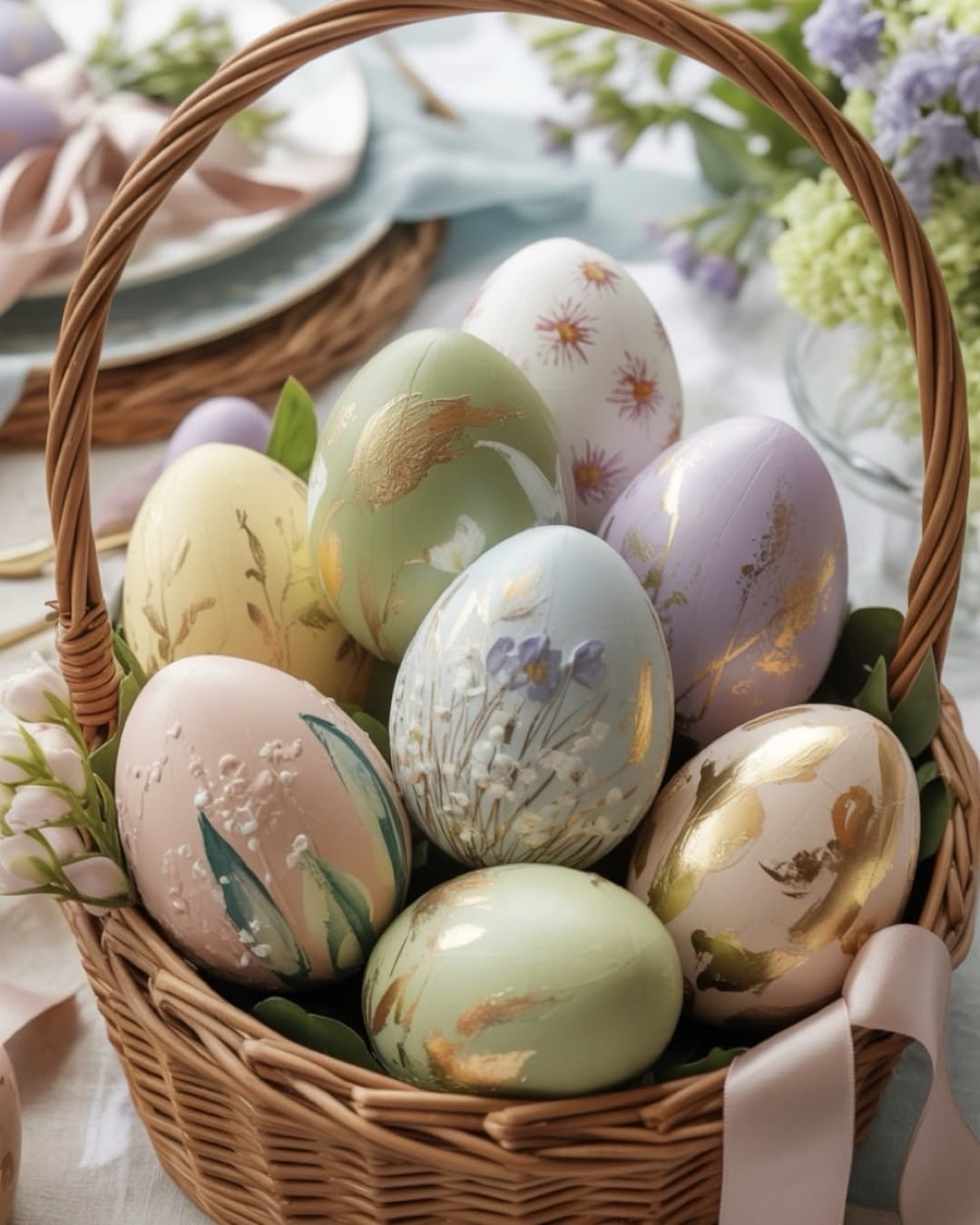 A wicker basket filled with pastel eggs decorated with floral patterns and gold accents sits among green leaves and spring flowers—perfect inspiration for spring date ideas on a beautifully set table.
