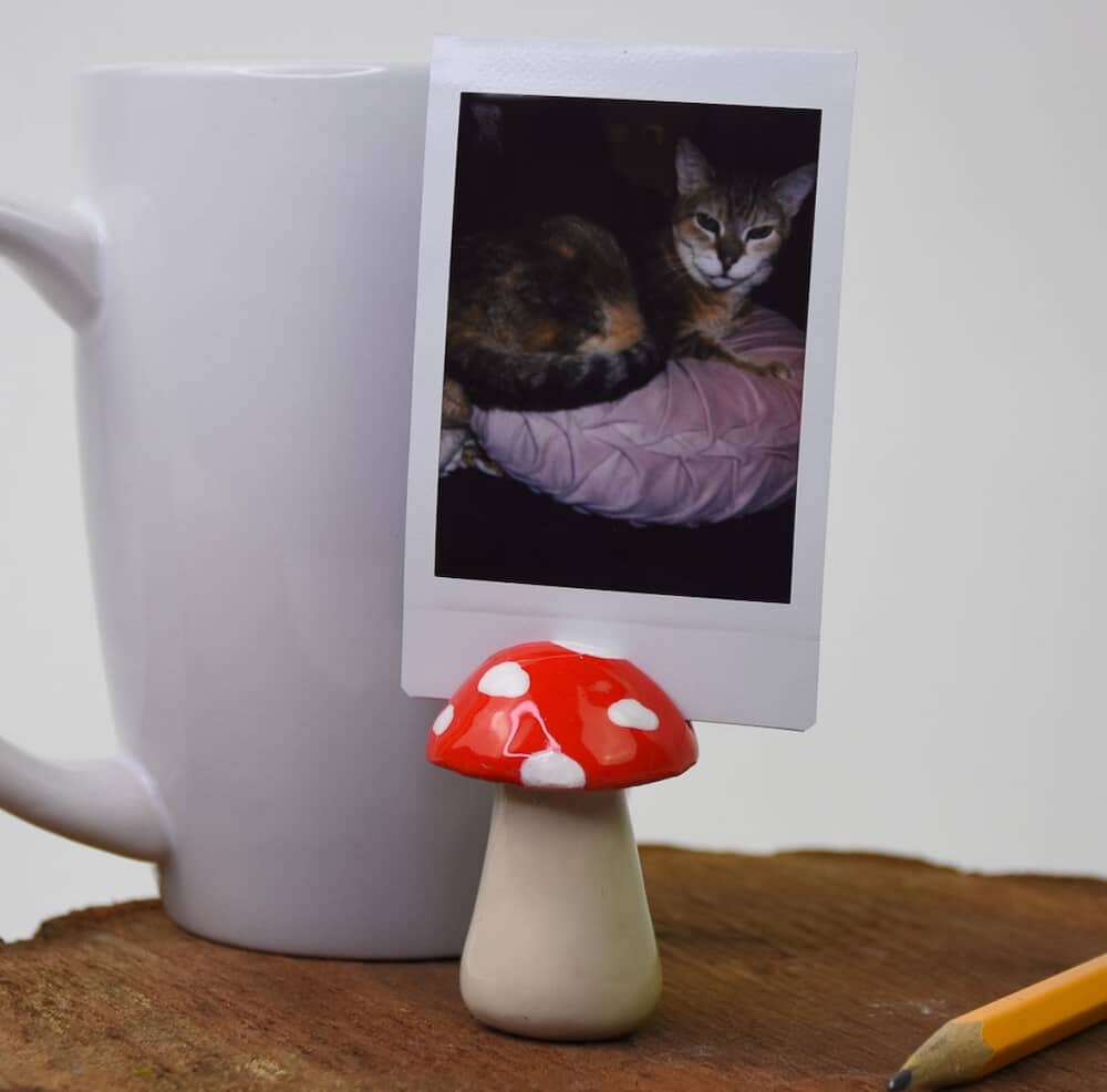 A small ceramic mushroom photo holder displays a Polaroid picture of a cat lying on a cushion. The holder is on a wooden surface beside a white mug and a yellow pencil.