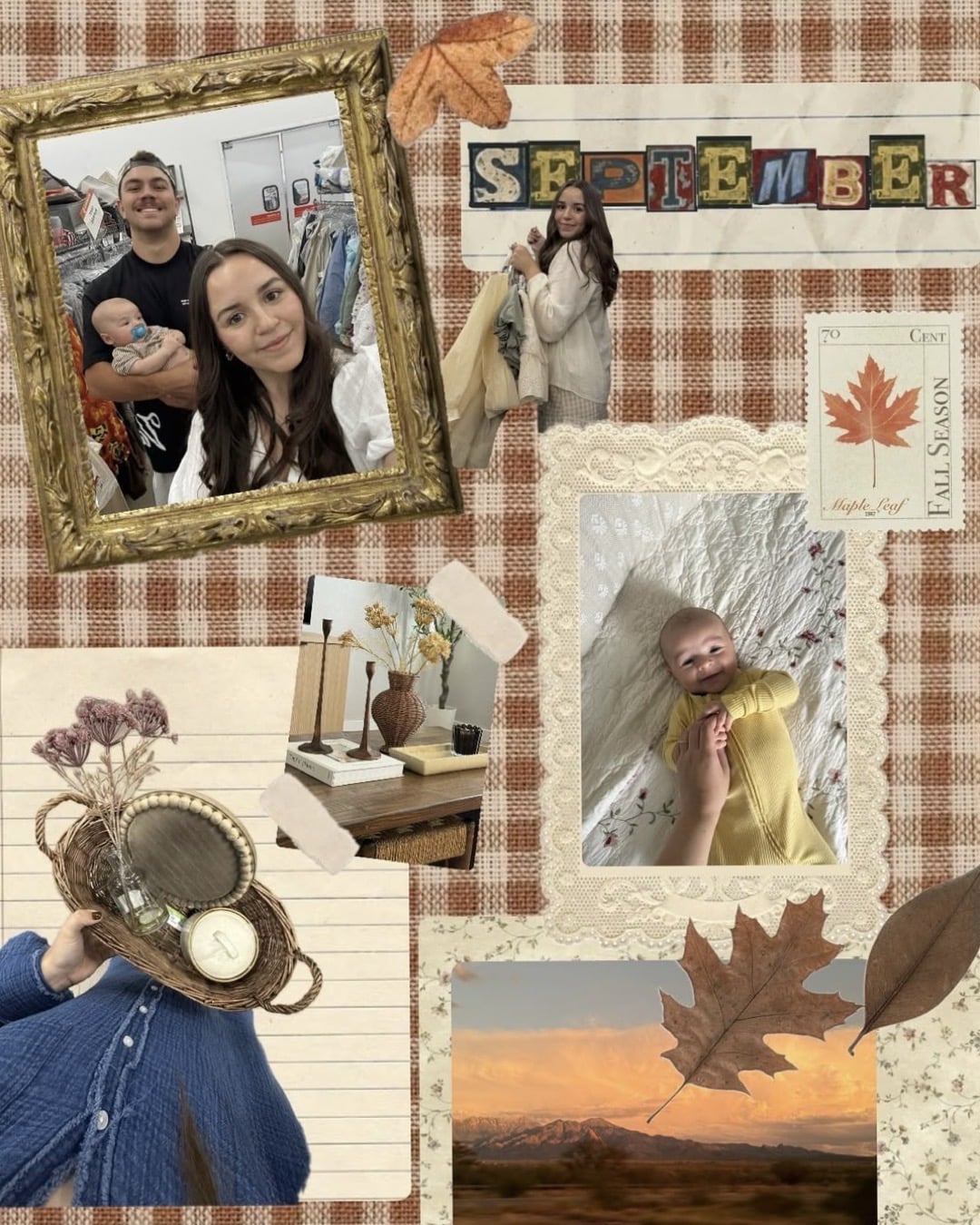 A collage with autumn themes showing a family shopping, a baby in yellow, fall leaves, a sunset over mountains, a vintage postcard, and decorative items on a checkered background with “September” in patchwork letters.