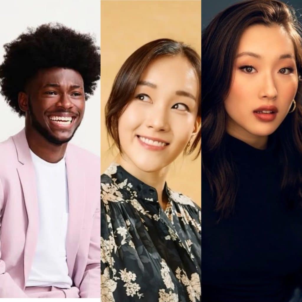 A collage of three people: a man in a light pink suit smiling, a woman in a floral blouse looking to the side and smiling, and a woman in a black top with loose hair gazing at the camera—perfect for fans awaiting Kitty Season 3 on Netflix.