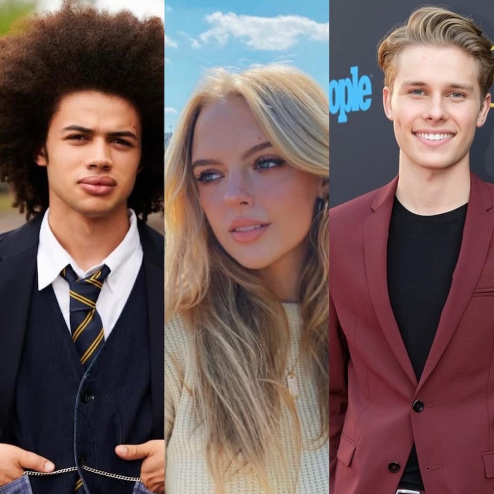 A collage of three young adults: a person with an afro in a black suit and tie, a blonde posing outdoors evoking Elle from the Legally Blonde series, and a smiling person with short light hair in a maroon suit jacket.