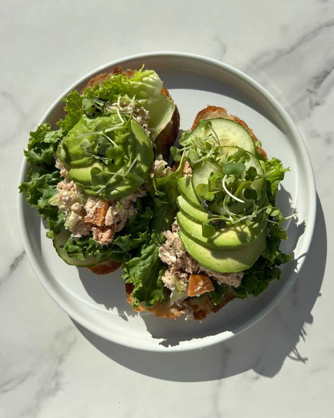 Two open-faced sandwiches on a white plate, topped with leafy lettuce, tuna salad, sliced avocado, cucumber, and microgreens—perfect for easy meal inspo or a nutritious school lunch. Set on a light marble surface with bright natural lighting.