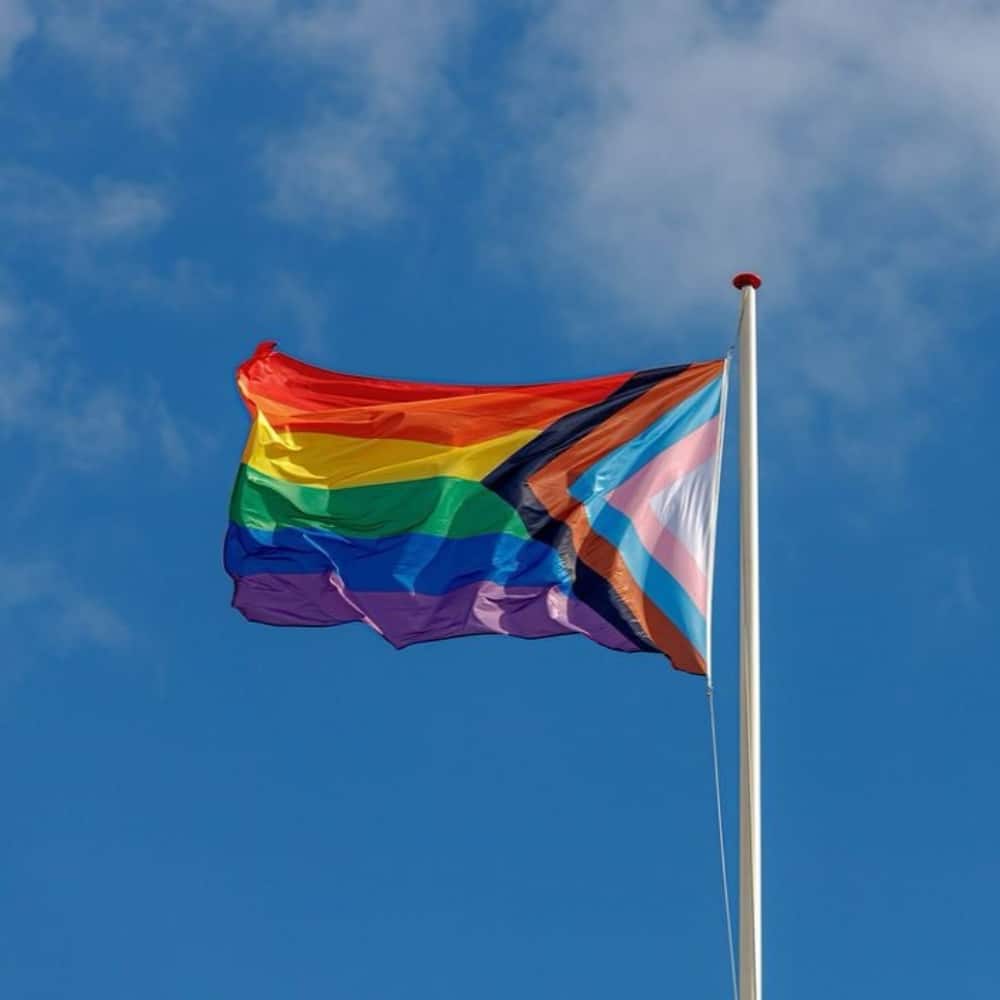 The Progress Pride flag waves on a flagpole against a blue sky with light clouds, symbolizing LGBTQ+ pride, inclusivity, and the importance of LGBTQ+ crisis support for trans and marginalized communities.
