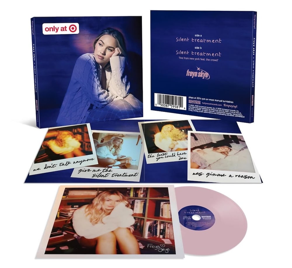 A deluxe Target-exclusive vinyl set for Freya Skye’s new EP Silent Treatment. Includes a purple vinyl record, cover, lyric sheet, and four Stardust-themed photo cards with handwritten-style song titles and images of the artist.
