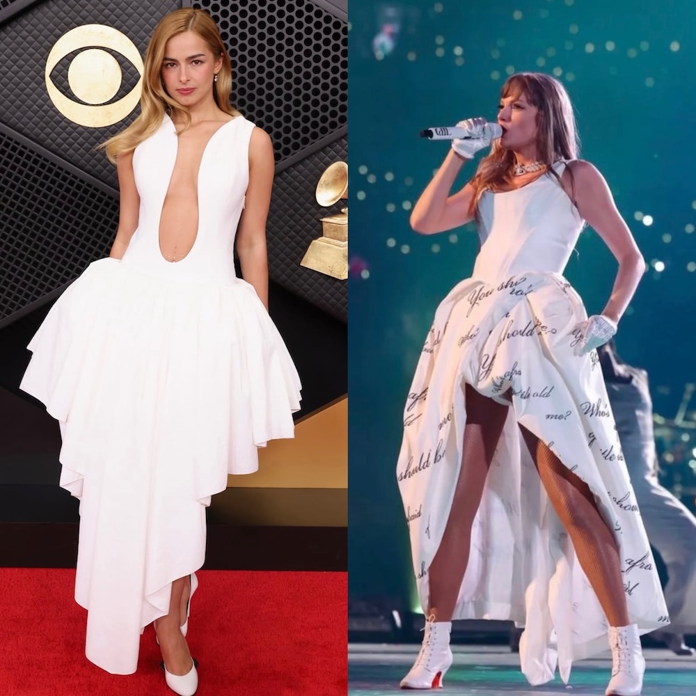 Side-by-side images: Left, a woman in a sleeveless white dress with a deep neckline and layered skirt on the red carpet. Right, a woman in a sleeveless white high-low dress with printed words, singing at the 2026 Grammys.
