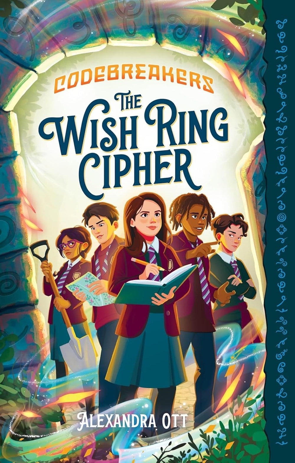Illustrated book cover of Codebreakers: The Wish Ring Cipher by Alexandra Ott, showing five schoolchildren in uniforms holding a booked key and tools, standing in a magical forest with glowing symbols around them—perfect for V-Day adventures.