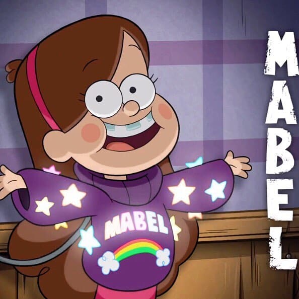 A cartoon girl with long brown hair, wearing a colorful sweater with stars, a rainbow, and the name MABEL on it, smiles excitedly with arms outstretched. The background is purple with checkered patterns.