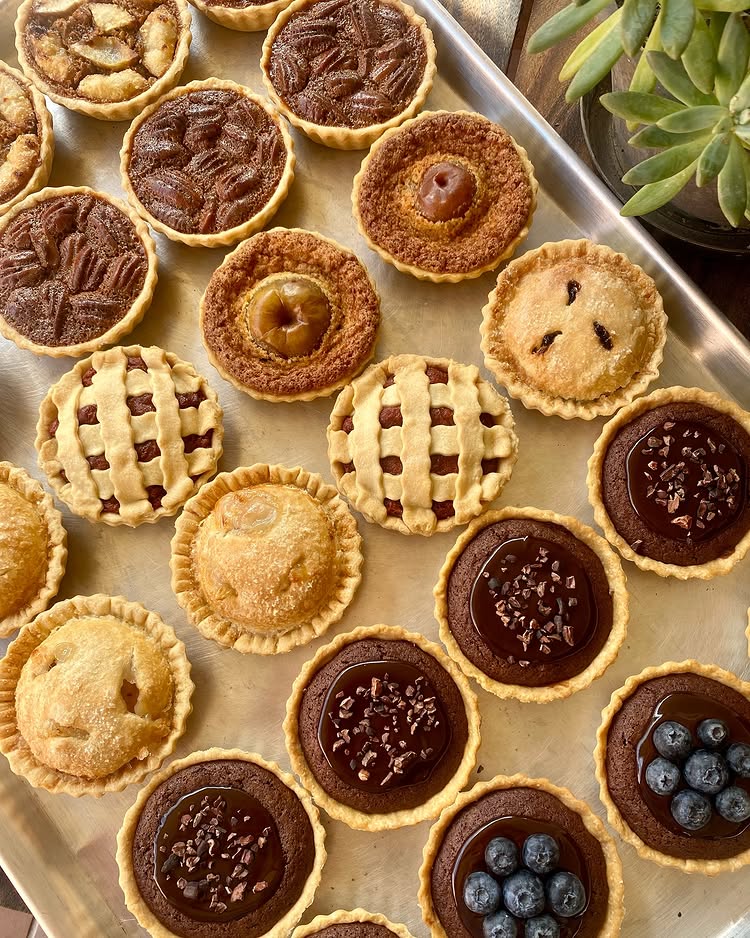 A tray of assorted mini pies and tarts, inspired by favorite mini-pie recipes—chocolate, blueberry, pecan, and lattice-topped fruit—displayed next to a potted succulent plant.