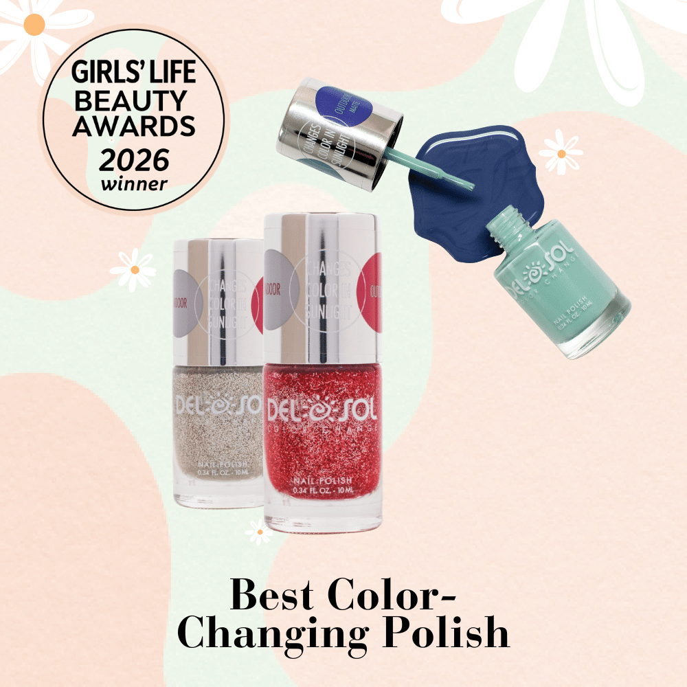 Three Del Sol nail polish bottles, including silver glitter, red glitter, and a teal shade, are displayed with the text “Best Color-Changing Polish.” A “Girls’ Life Beauty Awards 2026 winner” badge is shown in the corner.