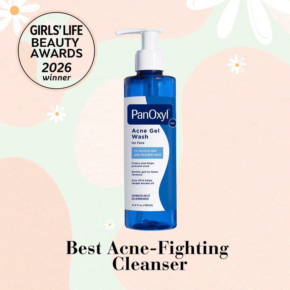 A blue pump bottle of PanOxyl Acne Gel Wash is shown with a badge reading Girls’ Life Beauty Awards 2026 winner and the caption Best Acne-Fighting Cleanser on a pastel abstract background.