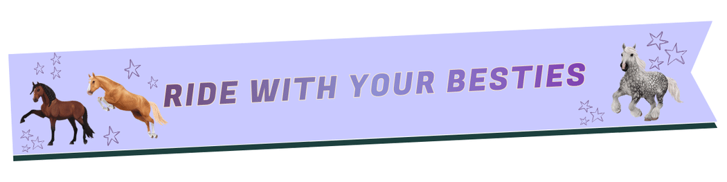 A purple banner with “RIDE WITH YOUR BESTIES” in bold text, decorated with three illustrated horses and scattered purple star doodles—a perfect vibe for cozy gaming fans and Star Stable riders alike.