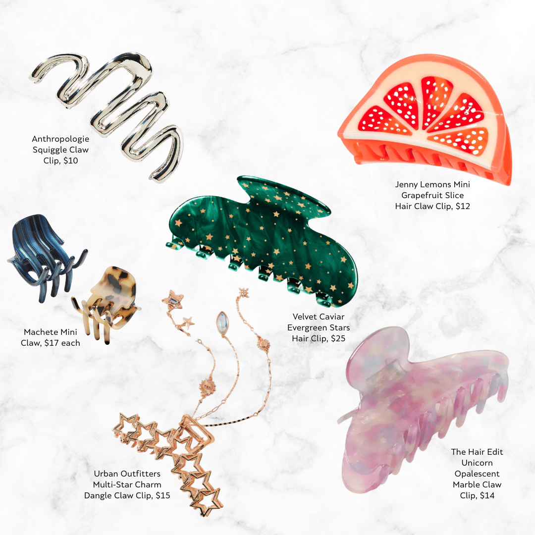 Five unique hair accessories are arranged on a white marble background. Each features its brand, name, and price—silver squiggle, grapefruit slice, blue and green with stars, opalescent pink claw clips—with a star dangle charm perfect for your purse.