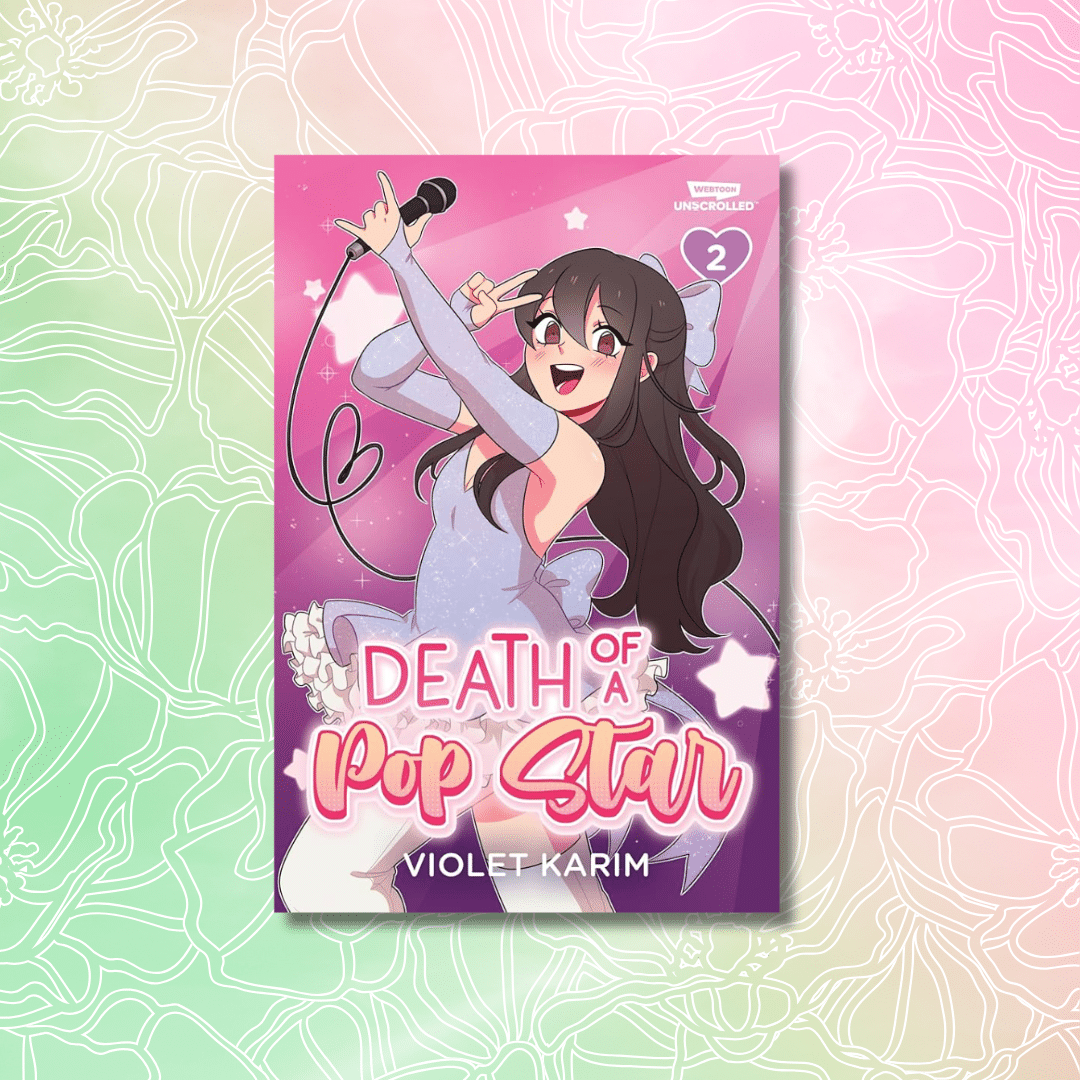 Book cover of Death of a Pop Star by Violet Karim. Perfect for your Spring Reads TBR, it features an animated girl in a sparkly dress holding a microphone, making a peace sign, with a pink and purple starry background.