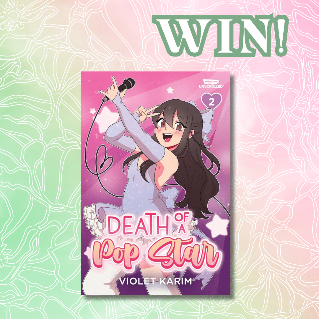 Book cover for Death of a Pop Star by Violet Karim features an animated girl with long dark hair singing into a microphone, wearing a sparkly outfit, against a pink and purple starry background. The word WIN! appears above.