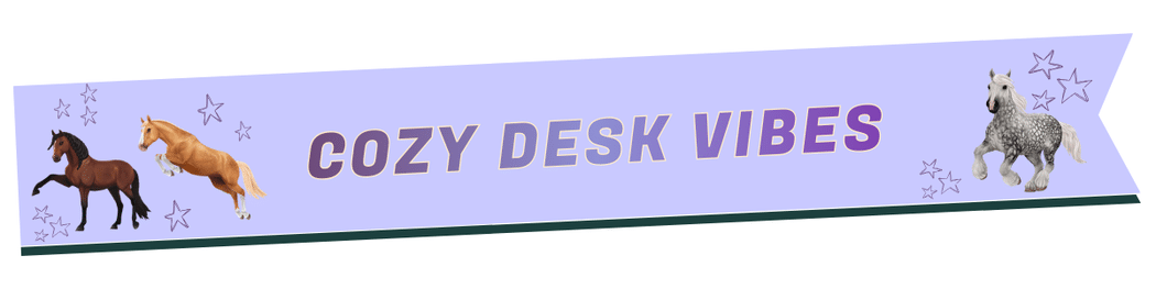 Banner with a light purple background, featuring three illustrated horses and purple star doodles around the text COZY DESK VIBES in bold gradient letters—a perfect vibe for cozy gaming or Star Stable fans.