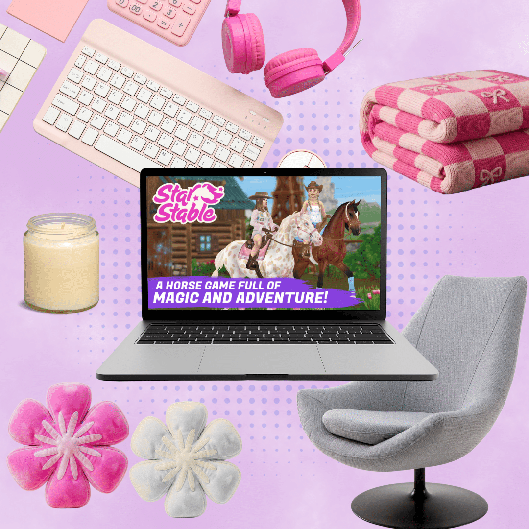 A cozy gaming collage features a laptop playing Star Stable, pink headphones, a blanket, keyboard, mouse, candle, two flower-shaped cookies, and a gray chair—all set against a purple background.