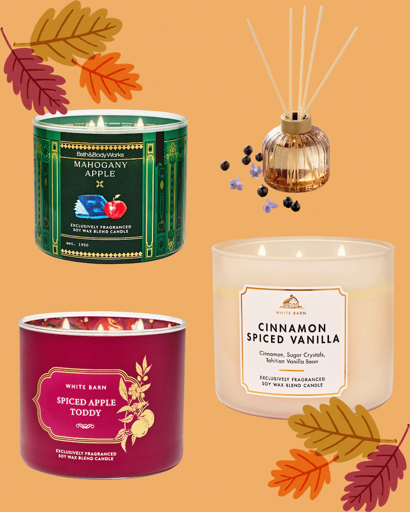 An autumn-themed image with three lit scented candles (Mahogany Apple, Spiced Apple Toddy, Cinnamon Spiced Vanilla) and a reed diffuser, surrounded by illustrated fall leaves on an orange background.