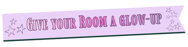 A lavender banner with star doodles and bold text reading, Give your room a glow-up, with Room highlighted in pink.