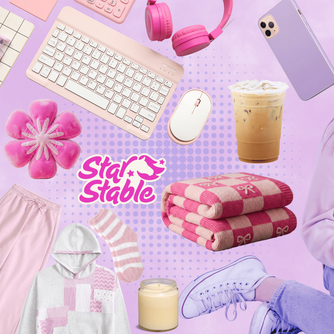 A pastel-themed collage for cozy gaming, featuring a keyboard, headphones, phone, iced coffee, flower soap, Star Stable logo, pink towels, joggers, hoodie, socks, candle, and white sneakers on a light purple background.
