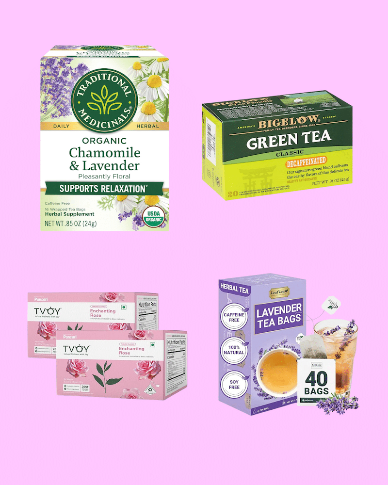 Four boxes of tea on a pink background: chamomile & lavender tea, green tea, rosehip & hibiscus tea, and lavender tea bags with a glass of tea and lavender flowers—perfect for creating the best at-home spa day.