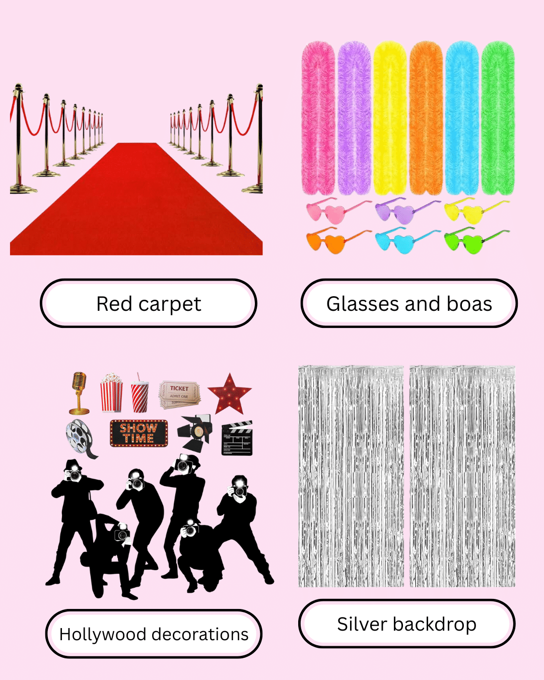 A collage with four sections: a red carpet, colorful glasses with boas, Hollywood-themed decorations, and two silver fringe backdrops. Perfect for friend hangout ideas or indoor activities, each section is labeled on a white background.