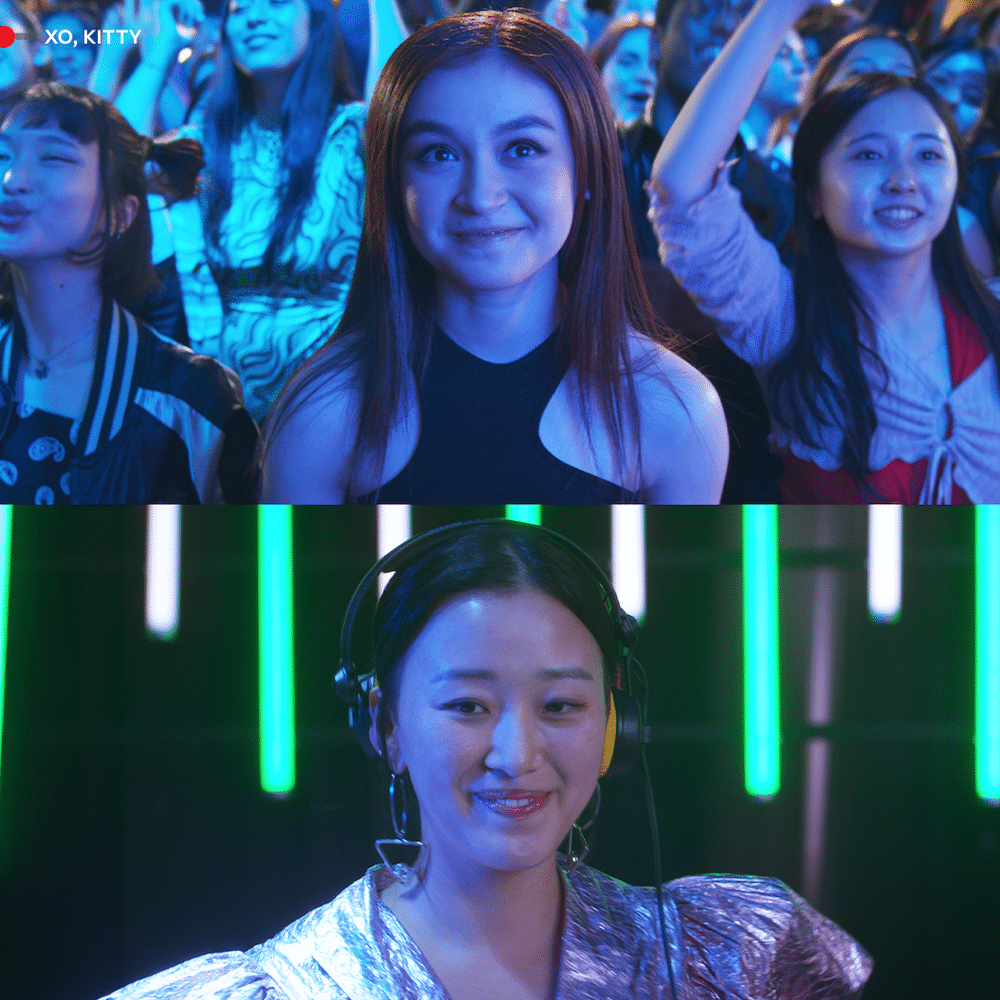 Two-panel image: Top, a young woman smiles brightly in a cheering crowd at a lively event. Bottom, another young woman in shiny silver attire and headphones DJing with green lights—giving off major Kitty Season 3 party vibes on Netflix XO.