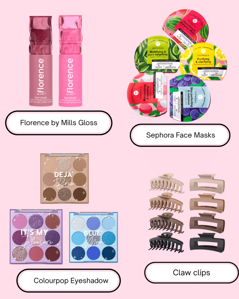 A pink background displays Florence by Mills gloss, Sephora face masks, Colourpop eyeshadow palettes (neutral and blue tones), and assorted claw clips—perfect things to do indoors or add to your list of friend hangout ideas. Each item has a label underneath.