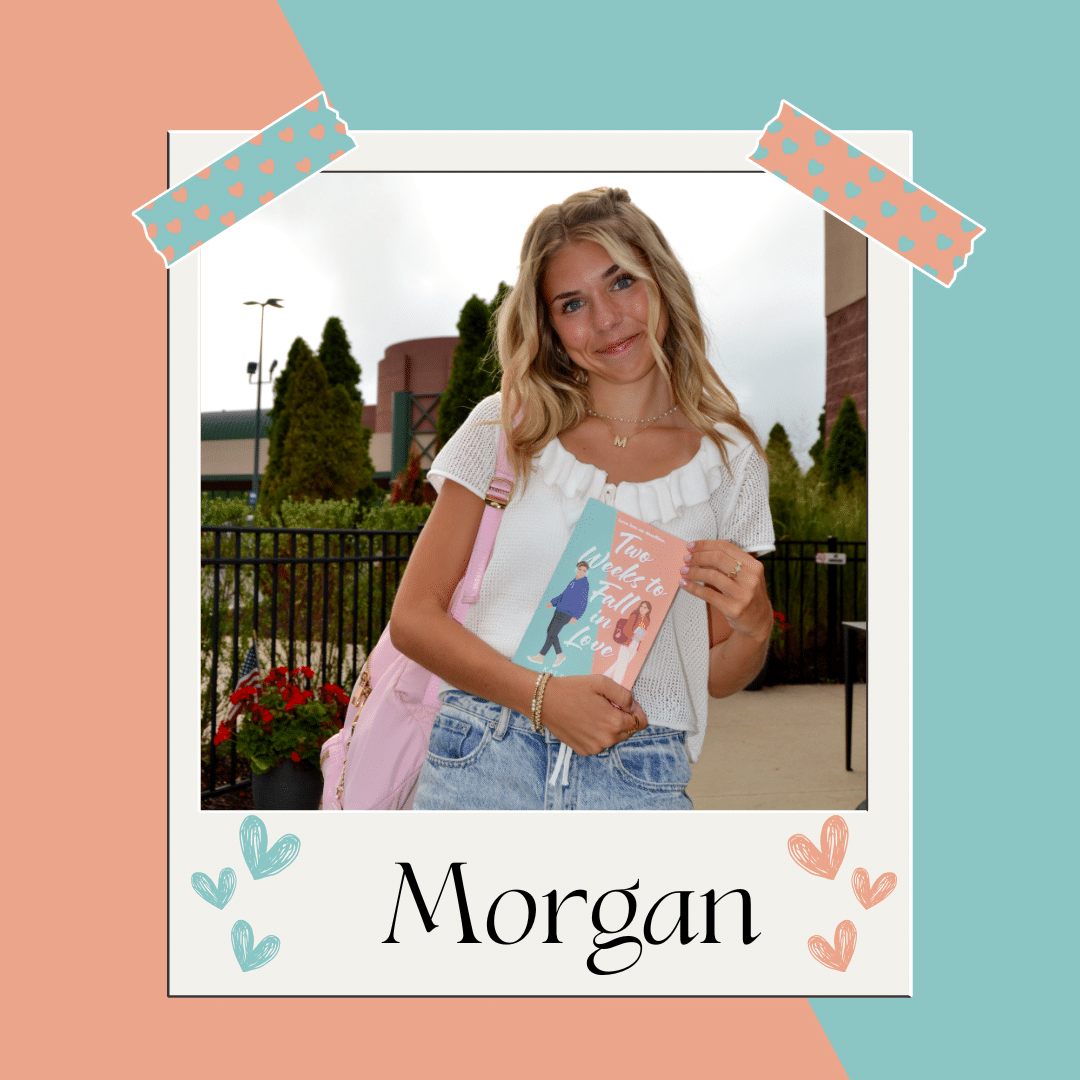 A smiling young woman with long blonde hair holds a book outside, standing in front of greenery and buildings. The photo is framed with pastel colors, heart doodles, and labeled “Morgan”—a snapshot perfect for anyone whos ever fallen in love.