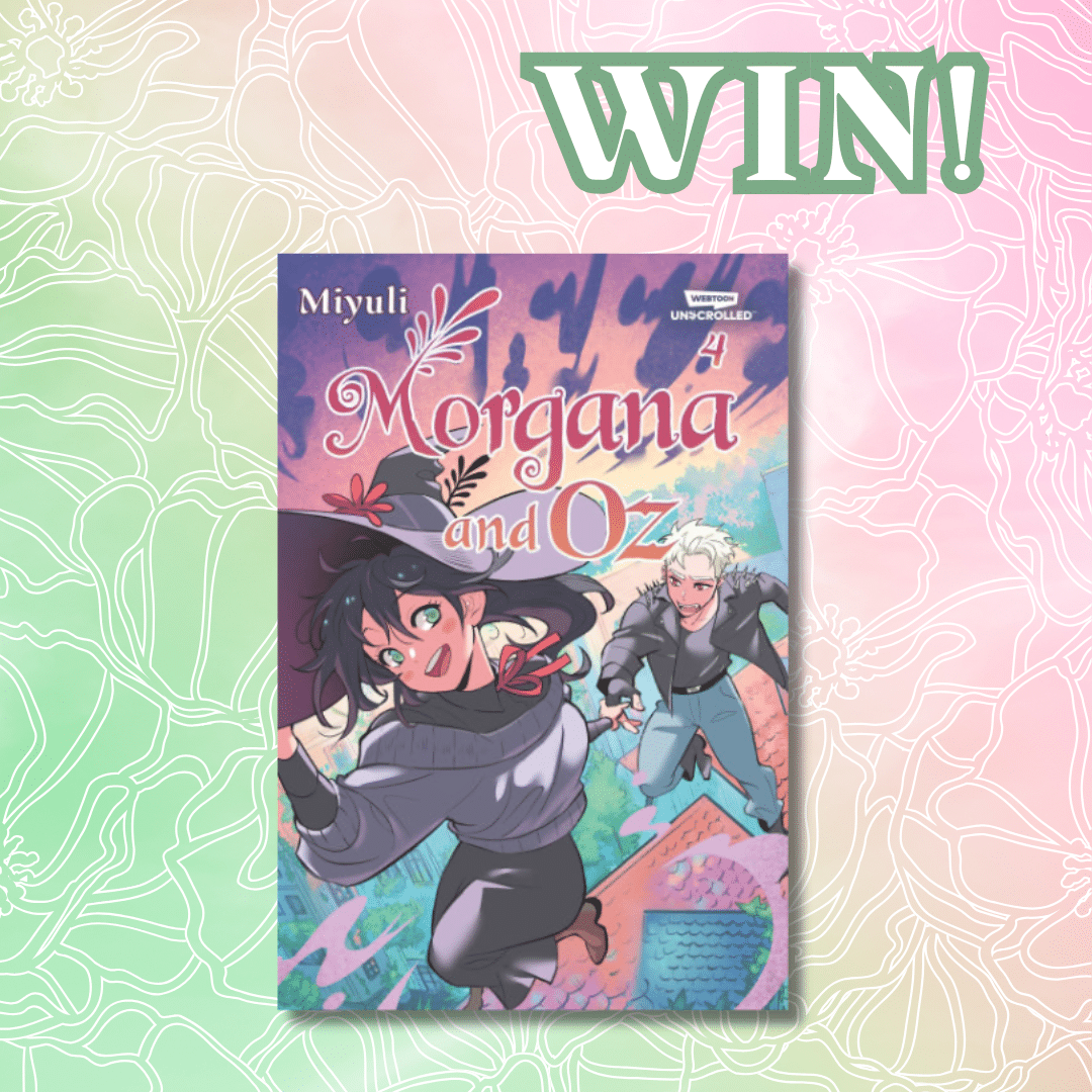 Book cover of Morgana and Oz by Miyuli featuring two animated characters, one with dark hair and the other with light hair, running energetically. The background is pastel with floral patterns and WIN! in bold green text above.