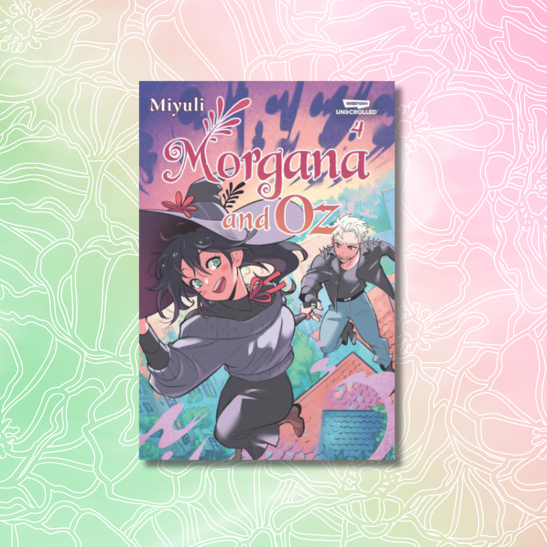 The image shows the cover of the manga Morgana and Oz by Miyuli—a perfect pick for Spring Reads. It features a cheerful dark-haired girl and a serious light-haired boy in dynamic poses on a colorful, textured background.