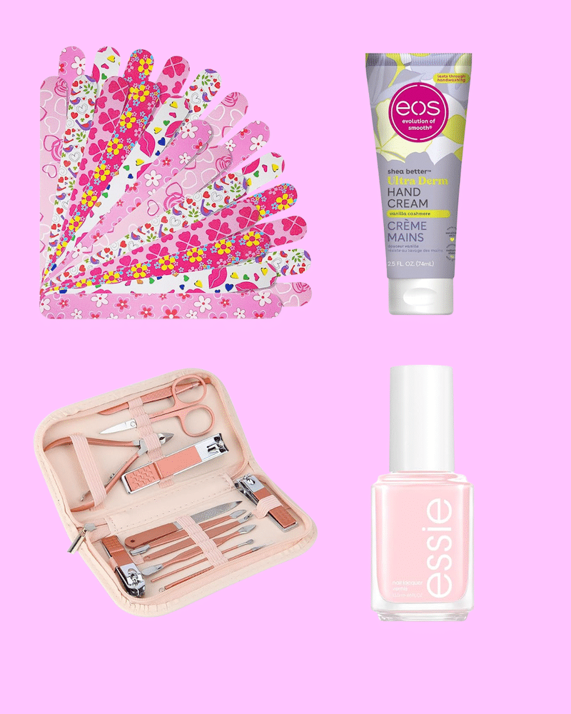 A set of colorful nail files, a tube of EOS hand cream, a pink manicure kit with tools, and a bottle of pale pink Essie nail polish—everything you need for the best spa day or an at-home spa experience on a light pink background.