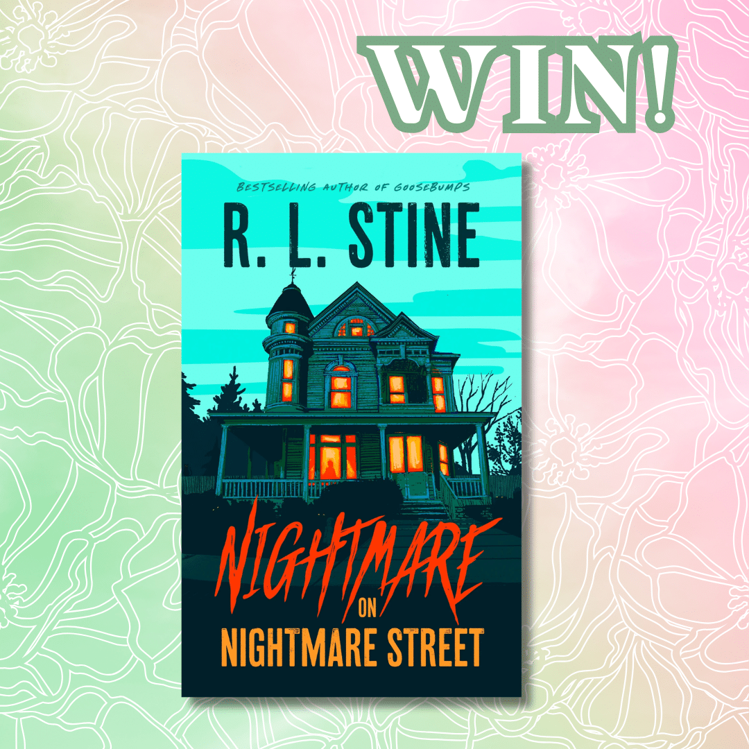 A book titled Nightmare on Nightmare Street by R. L. Stine is displayed against a pastel floral background, with the word WIN! in large green letters at the top right.