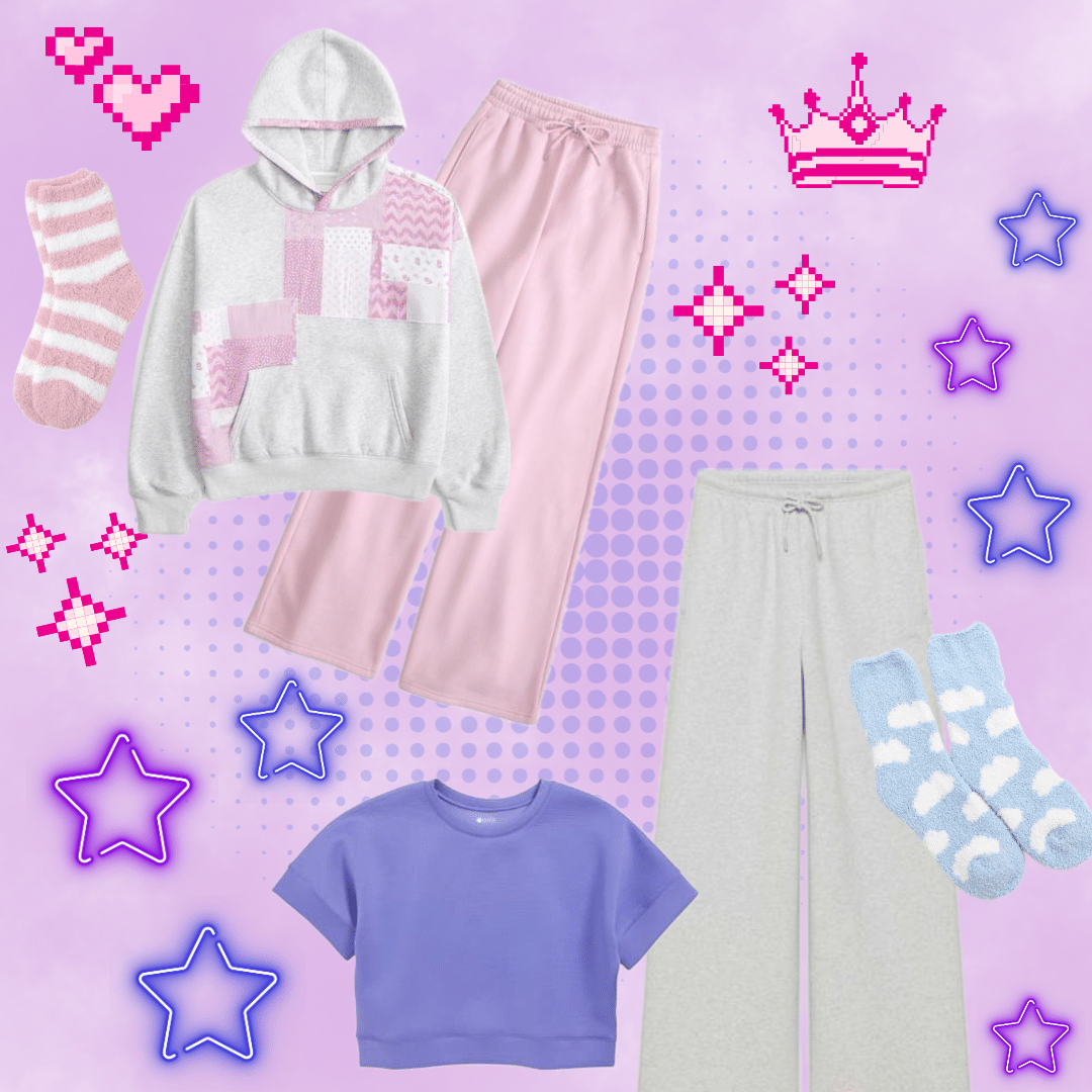 A collage of cozy loungewear perfect for cozy gaming, featuring a patchwork hoodie, pink joggers, gray wide-leg pants, a lavender cropped top, fun socks, and pixel art accents on a pastel background.