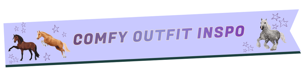 A purple banner with “COMFY OUTFIT INSPO” in bold text, surrounded by star doodles and images of three different horses in various poses—a perfect fit for cozy gaming fans or Star Stable outfit inspiration.