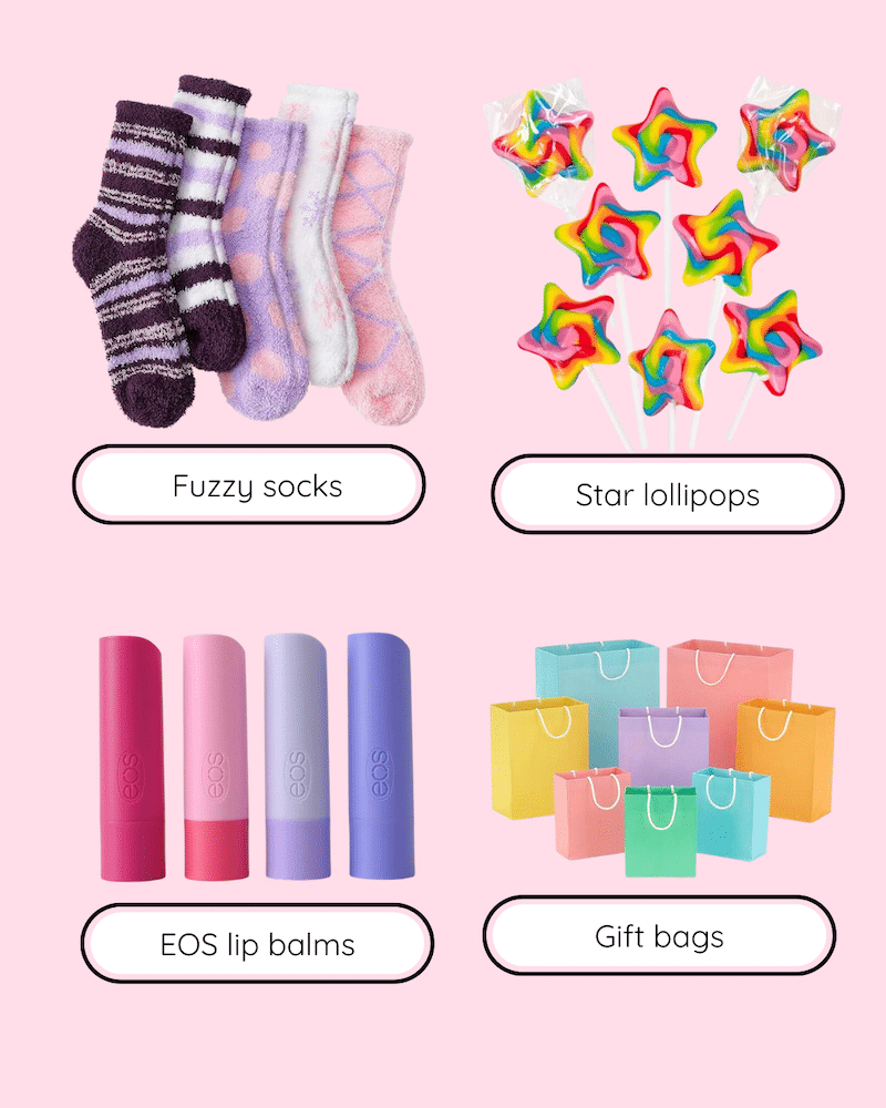A collage shows fuzzy socks, rainbow star-shaped lollipops, EOS lip balms in various colors, and pastel-colored gift bags—perfect for indoor activities or friend hangout ideas—each labeled with text on a light pink background.