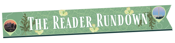 A green banner with leaf patterns, yellow flowers, and the text “The Reader Rundown” in white. Circular photos of city skylines sit at each end—perfect inspiration for your Self Improvement journey or to kick off your New You Checklist.