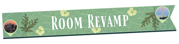A green banner reading Room Revamp, decorated with leaves, yellow flowers, two small circular cityscape images on each end—a fresh start for your space and the perfect addition to your New You Checklist of self-improvement.
