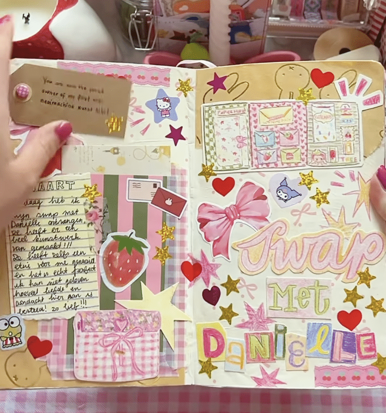 A colorful scrapbook spread decorated with stickers, stars, bows, and cut-out letters spelling Swap Met Danielle. One hand is visible holding the left page, which features handwritten notes and a strawberry sticker.