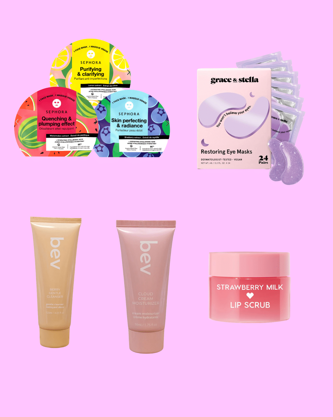 A collection of skincare products on a pink background, perfect for the best spa day: Sephora face masks, Grace & Stella under-eye masks, bev skincare tubes, and a jar of Strawberry Milk lip scrub for an at-home spa experience.
